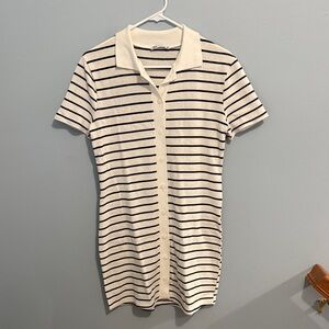 Zara Cream and Black Striped Polo Mini Dress